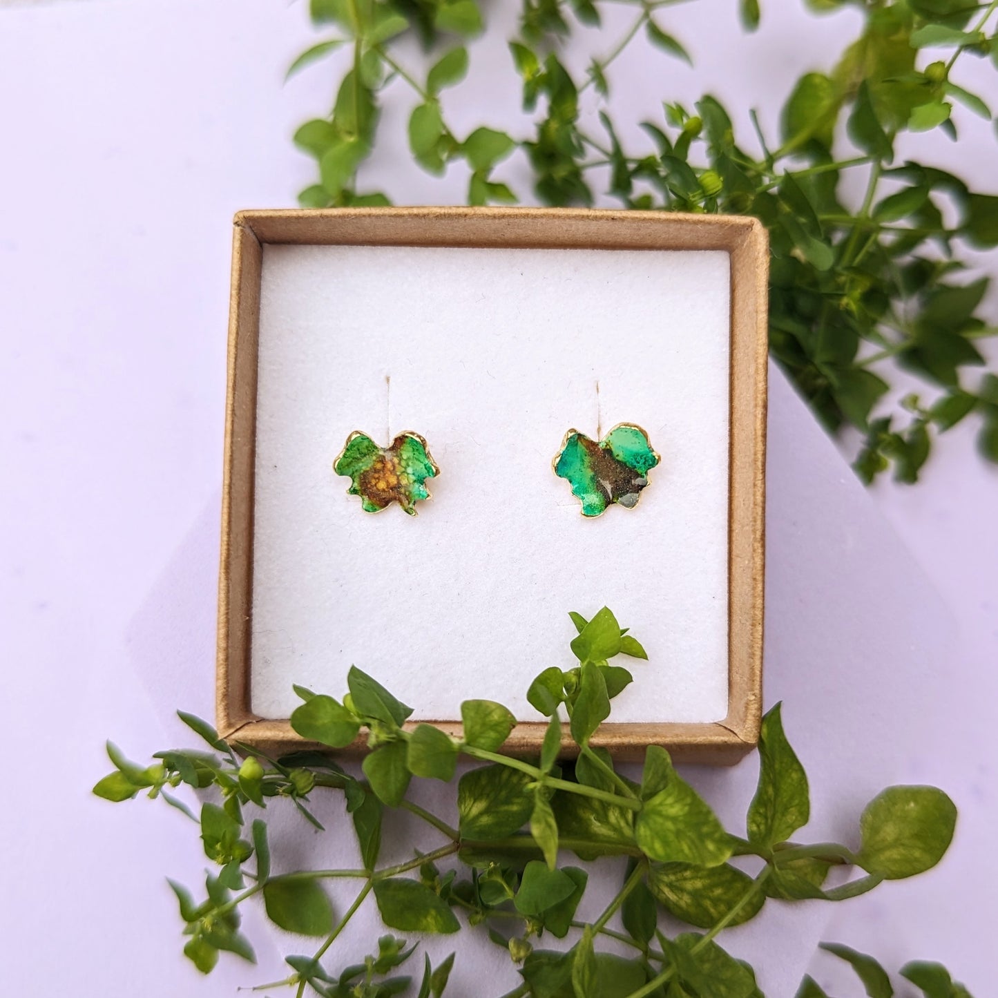 Green stud Earrings displayed in Jewellery box.