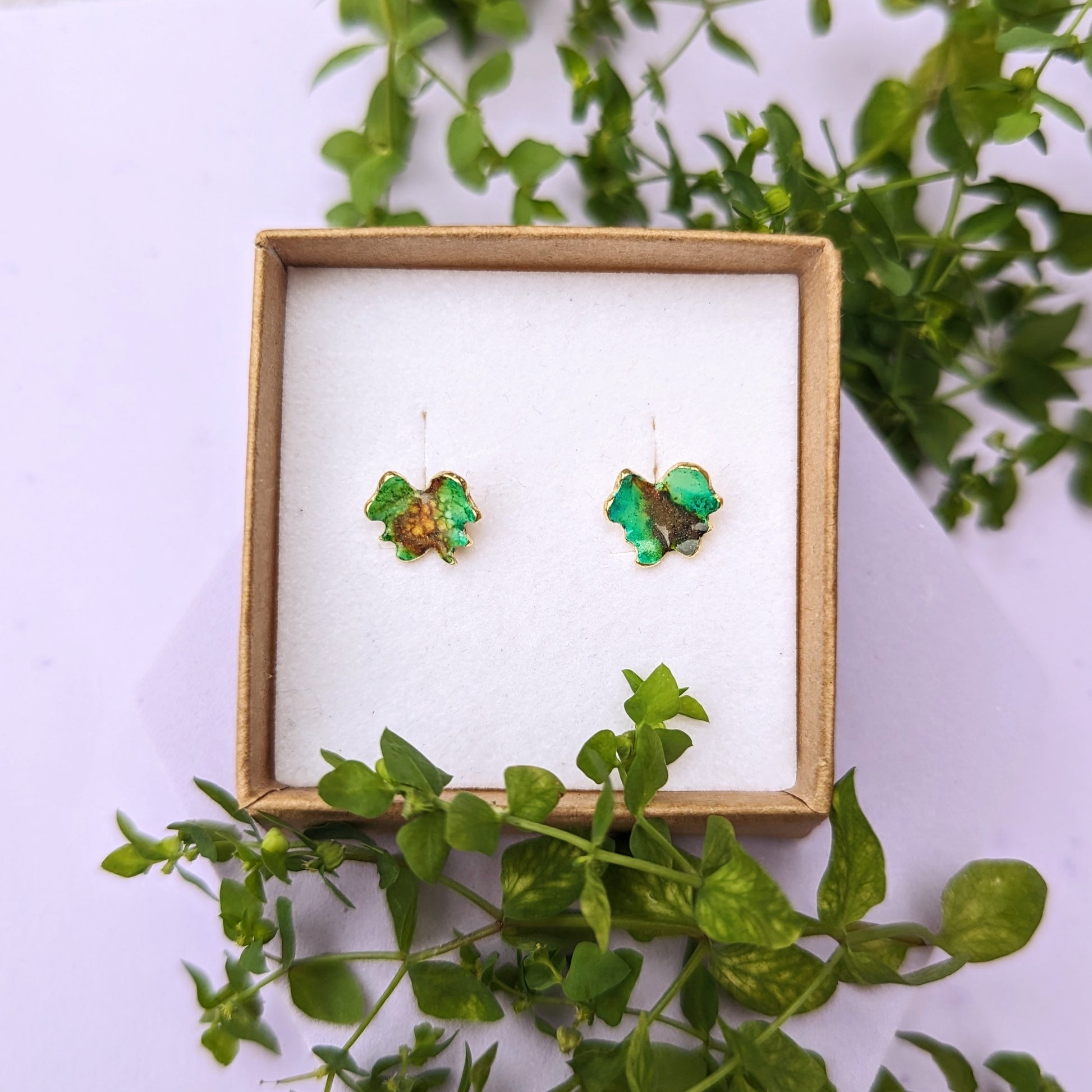 Green stud Earrings displayed in Jewellery box.