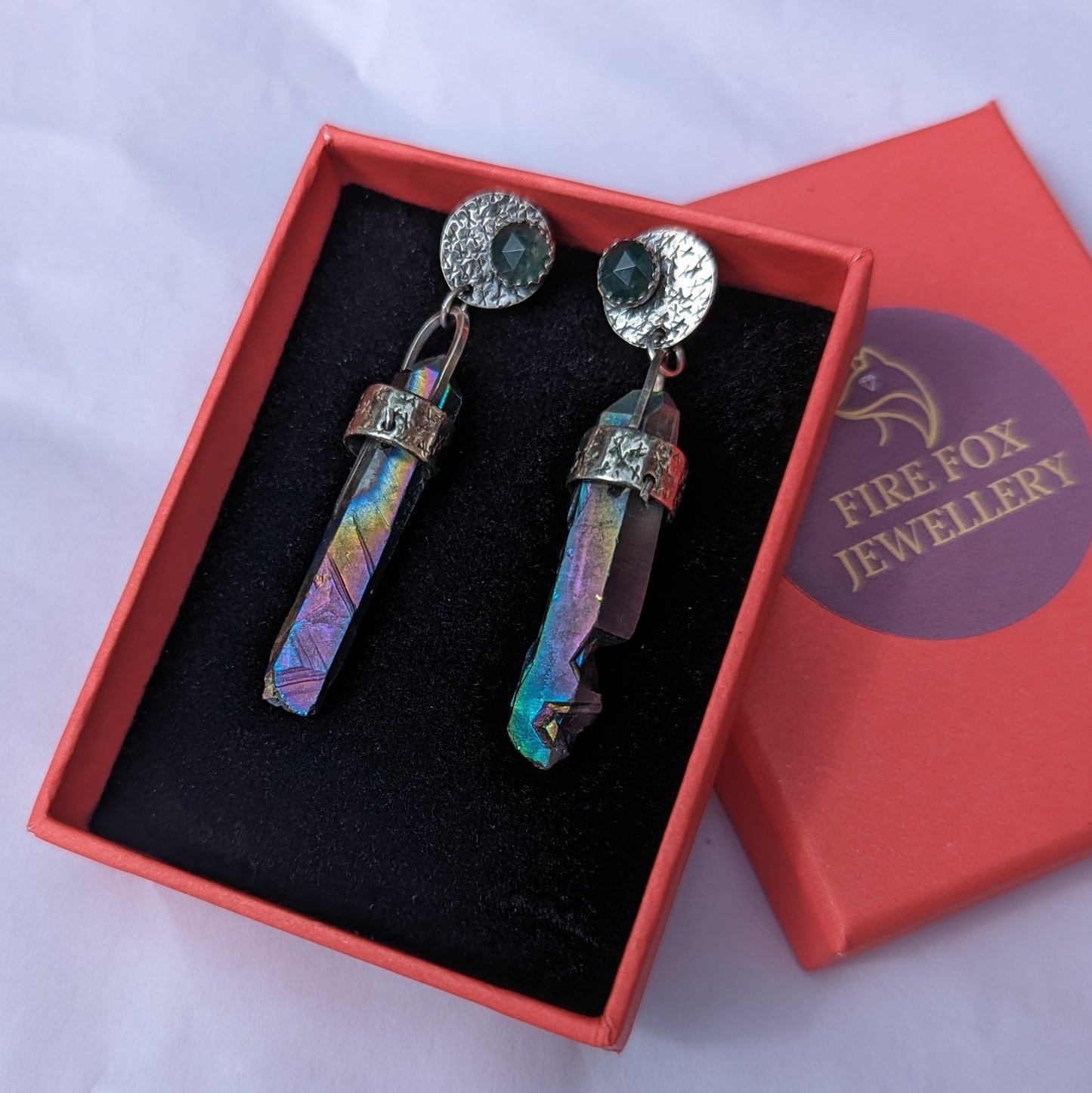 Brutalist Rainbow Quartz Earrings with Moss Agate Studs