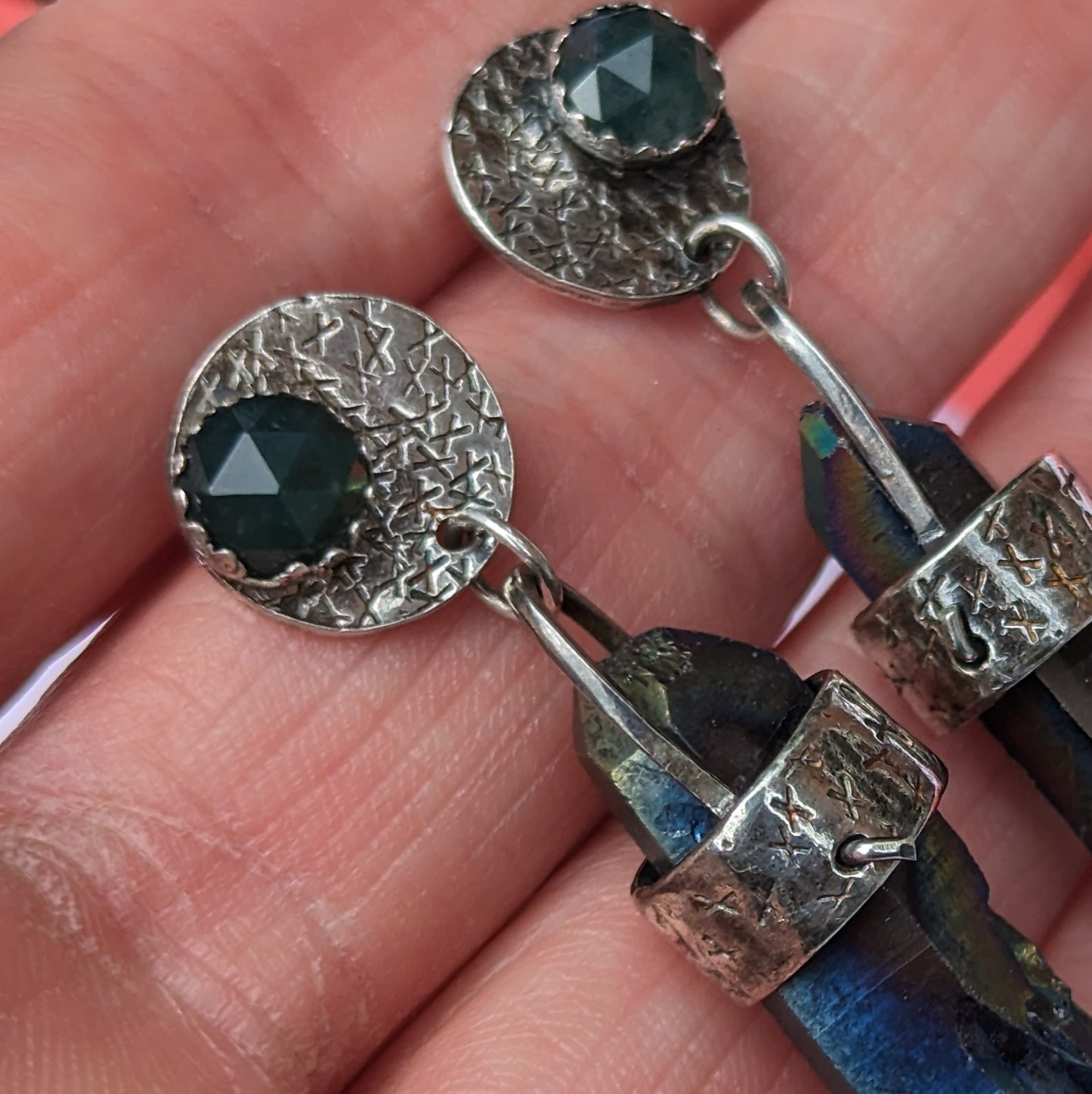 Brutalist Rainbow Quartz Earrings with Moss Agate Studs