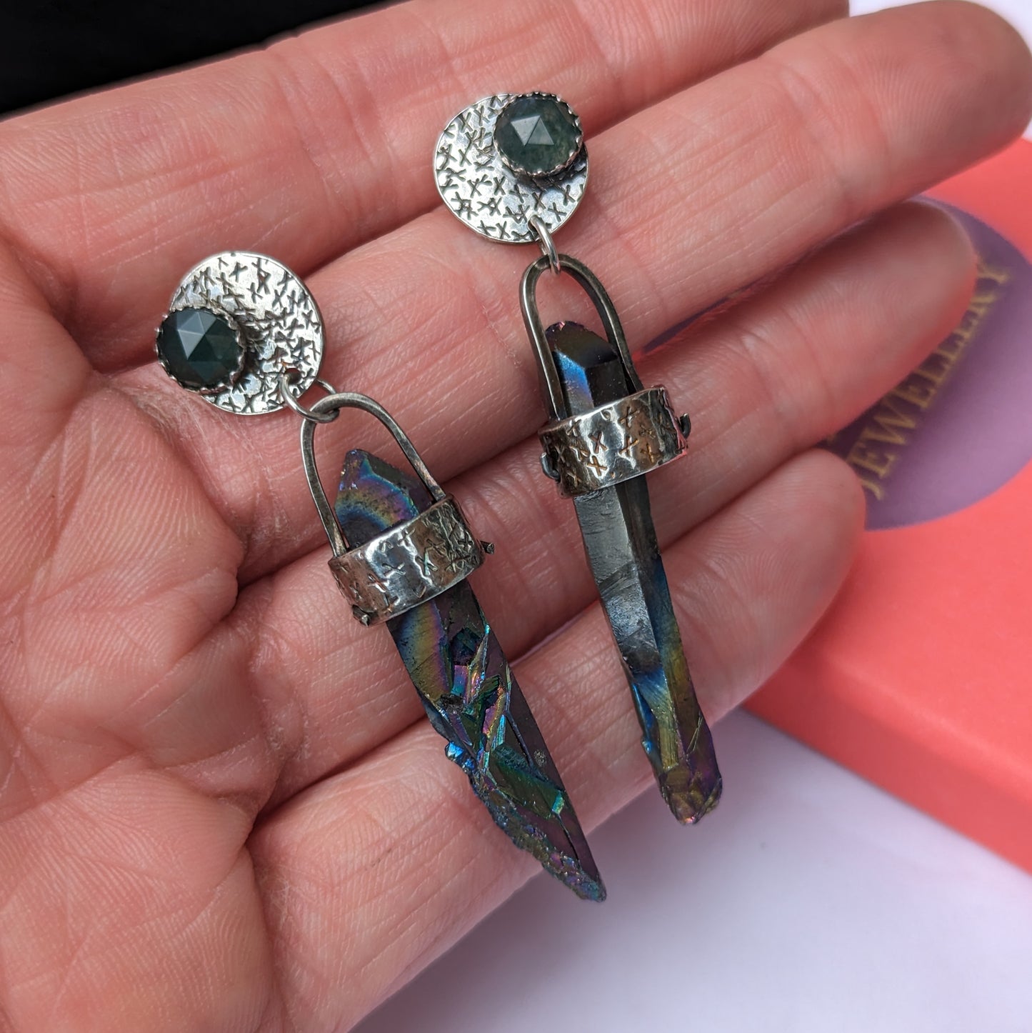 Brutalist Rainbow Quartz Earrings with Moss Agate Studs