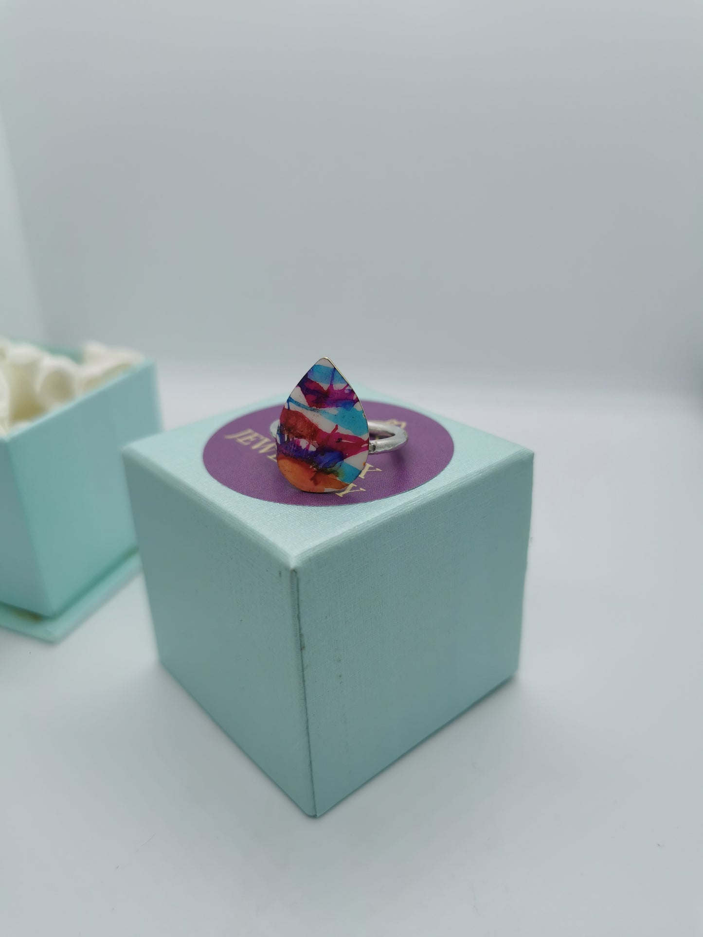 Hot Pink, Forget-Me-Not Blue and Sweet Plum Tear Drop Silver Ring