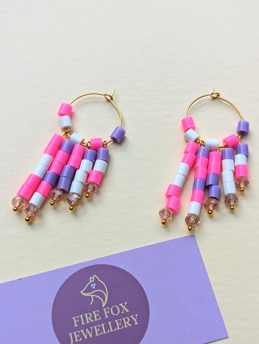 'Wild Child' Barbie Pink Bead Earrings on 18ct Gold Plated Hoops. ( Recycled)