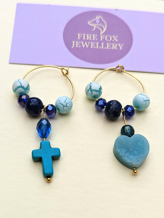 Blue Heart and Cross earrings
