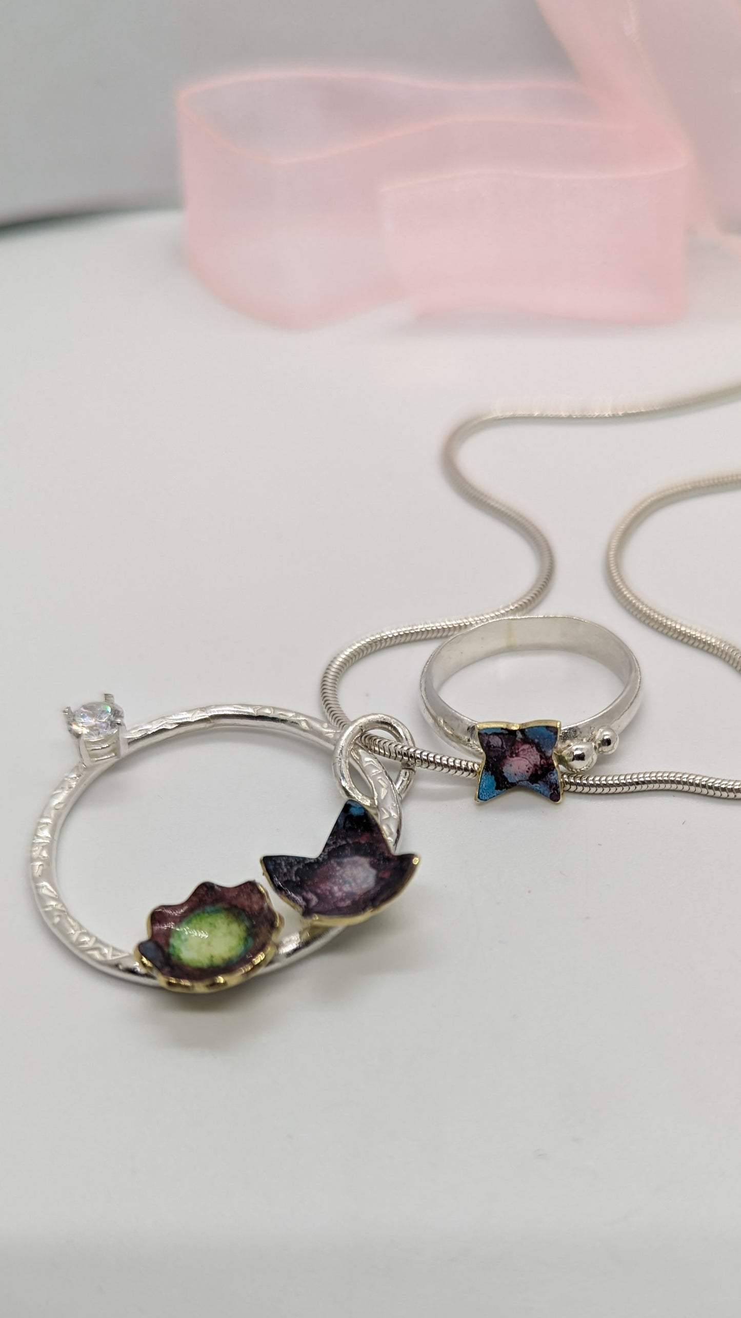 Sterling Silver necklace, with floral enamelled cups with crystal clear cubic zirconia 