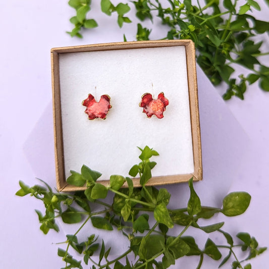 Red stud earrings displayed in Jewellery box