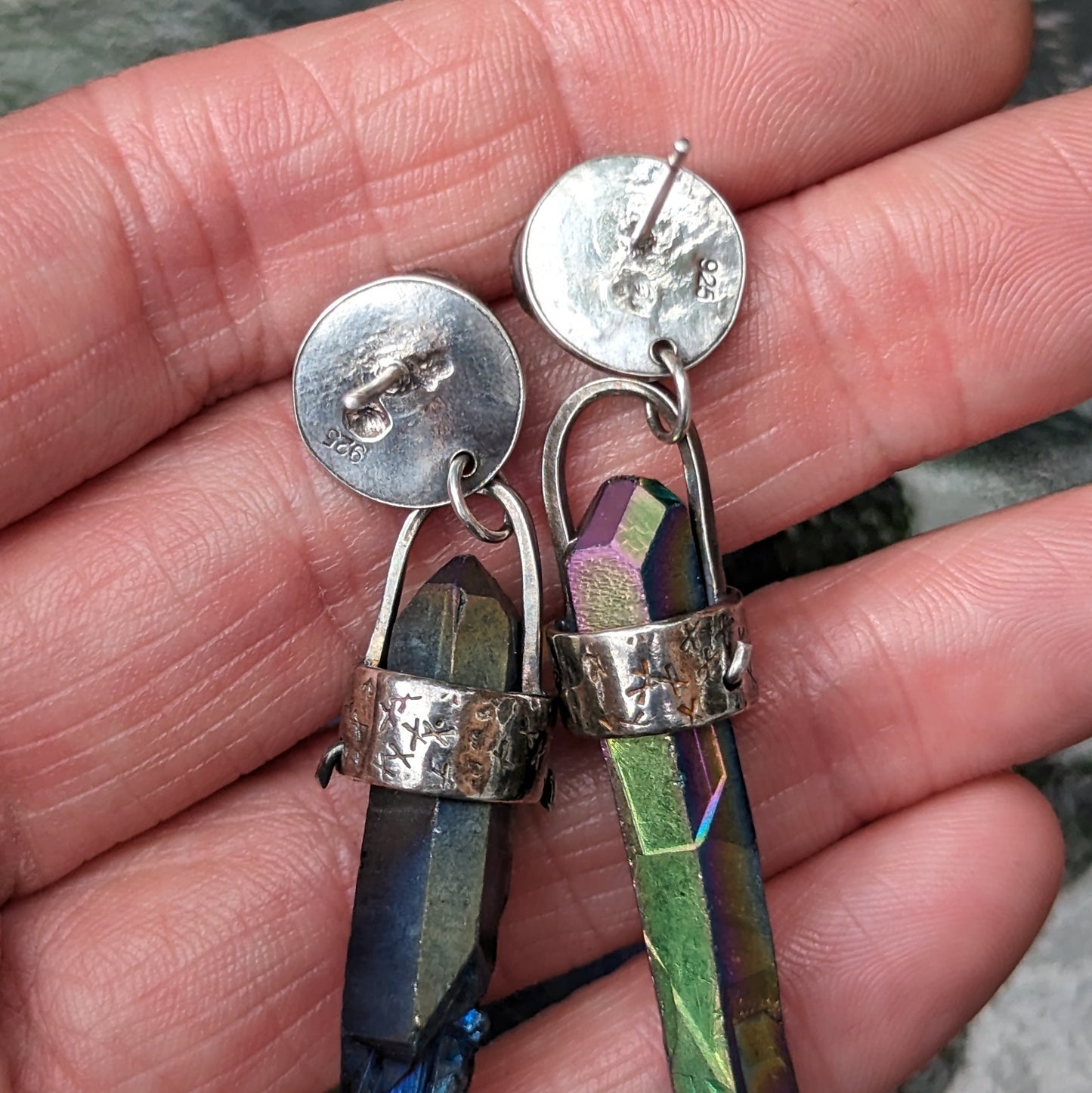 Brutalist Rainbow Quartz Earrings with Moss Agate Studs