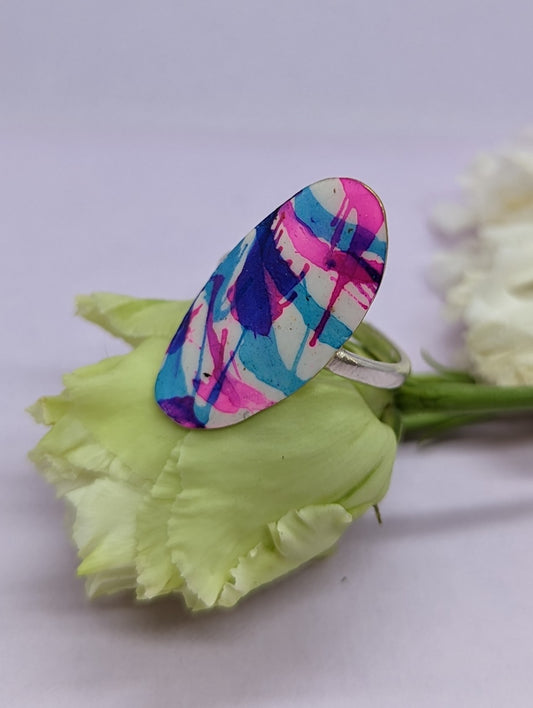 Hot Pink and Forget-Me-Not Blue Silver Ring Size P