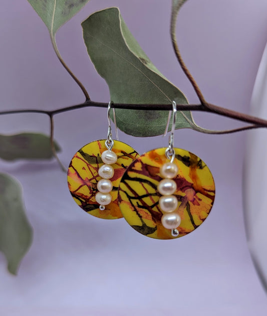 Summer Yellow Earrings with Apricot Freshwater Pearls.