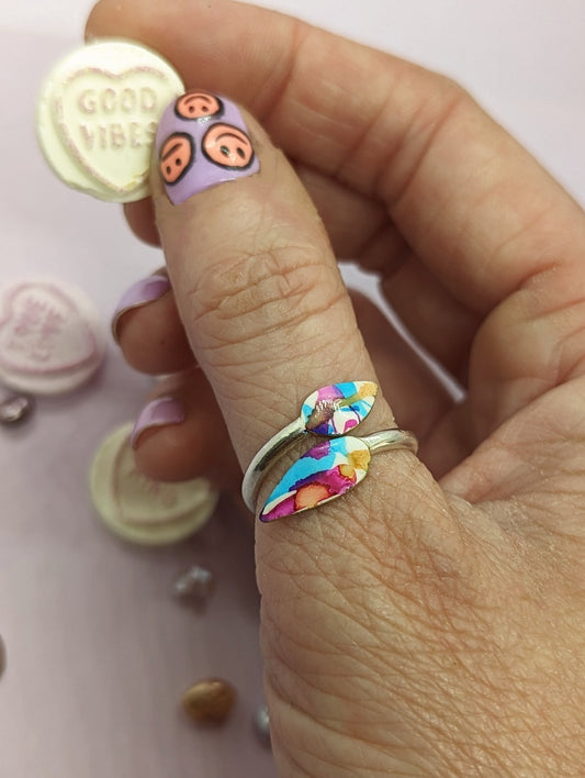 Hot Pink, Forget-Me-Not Blue and Butterscotch, Silver Wrap Around Ring.