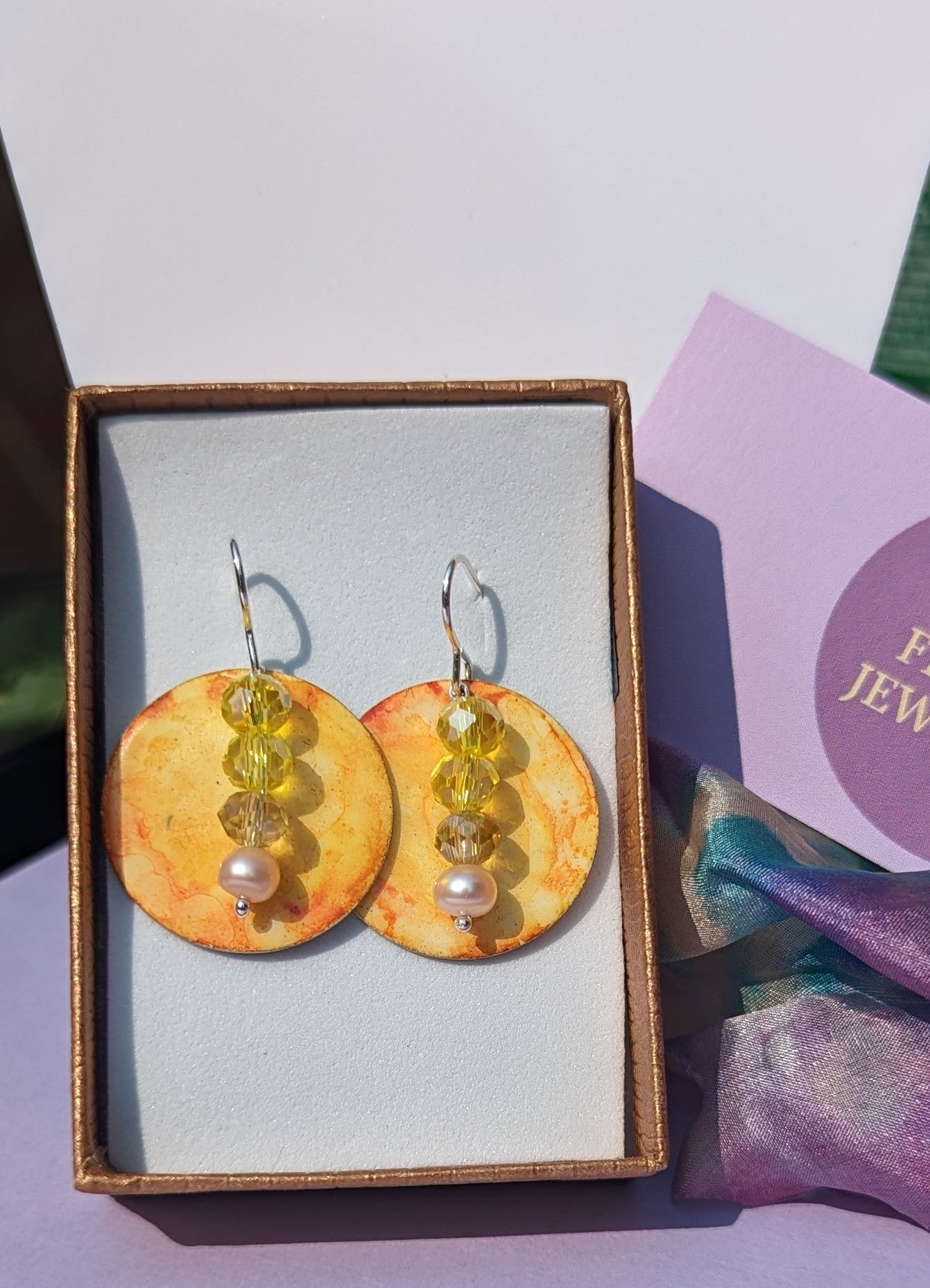 Warm Yellow Earrings with Crystal Beads and Apricot Freshwater Pearl.