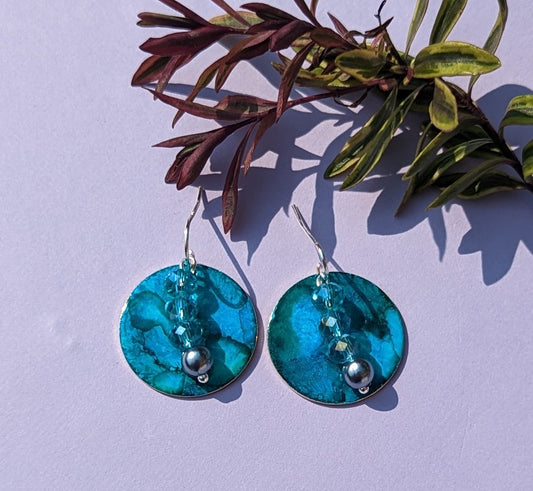Ocean blue earrings, sparkling crystal beads 