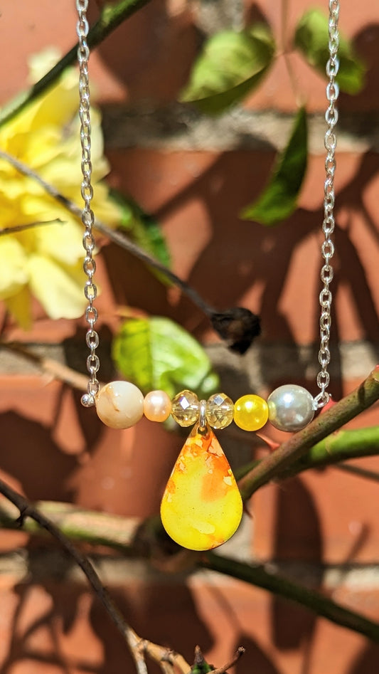 Warm Yellow Necklace with Freshwater Pearls Jasper Bead and Crystal Beads.