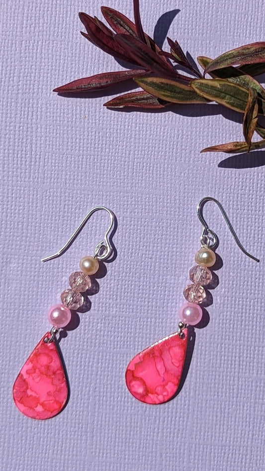 Hot Pink Drop Earrings with Crystal Beads and Apricot Freshwater Pearl.