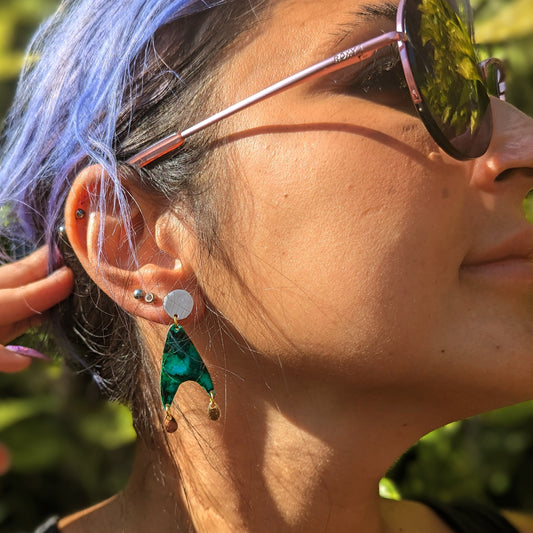 Model wearing Green Abstract Earrings with White Studs