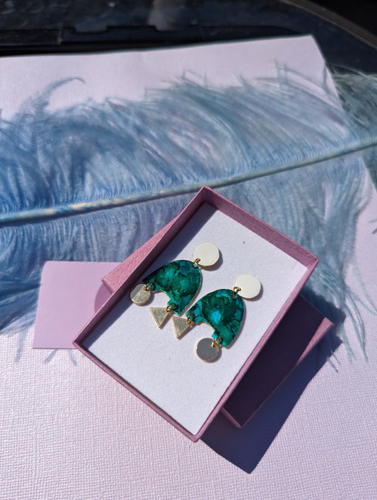 Green Abstract Earrings with White Studs