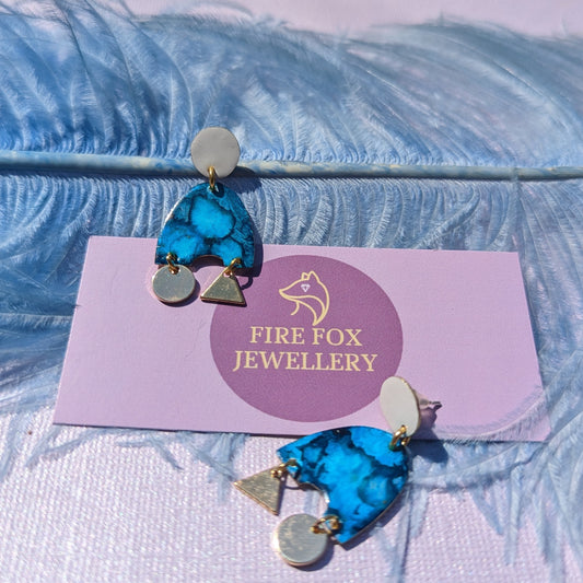 Ocean Blue Abstract Earrings with White Studs