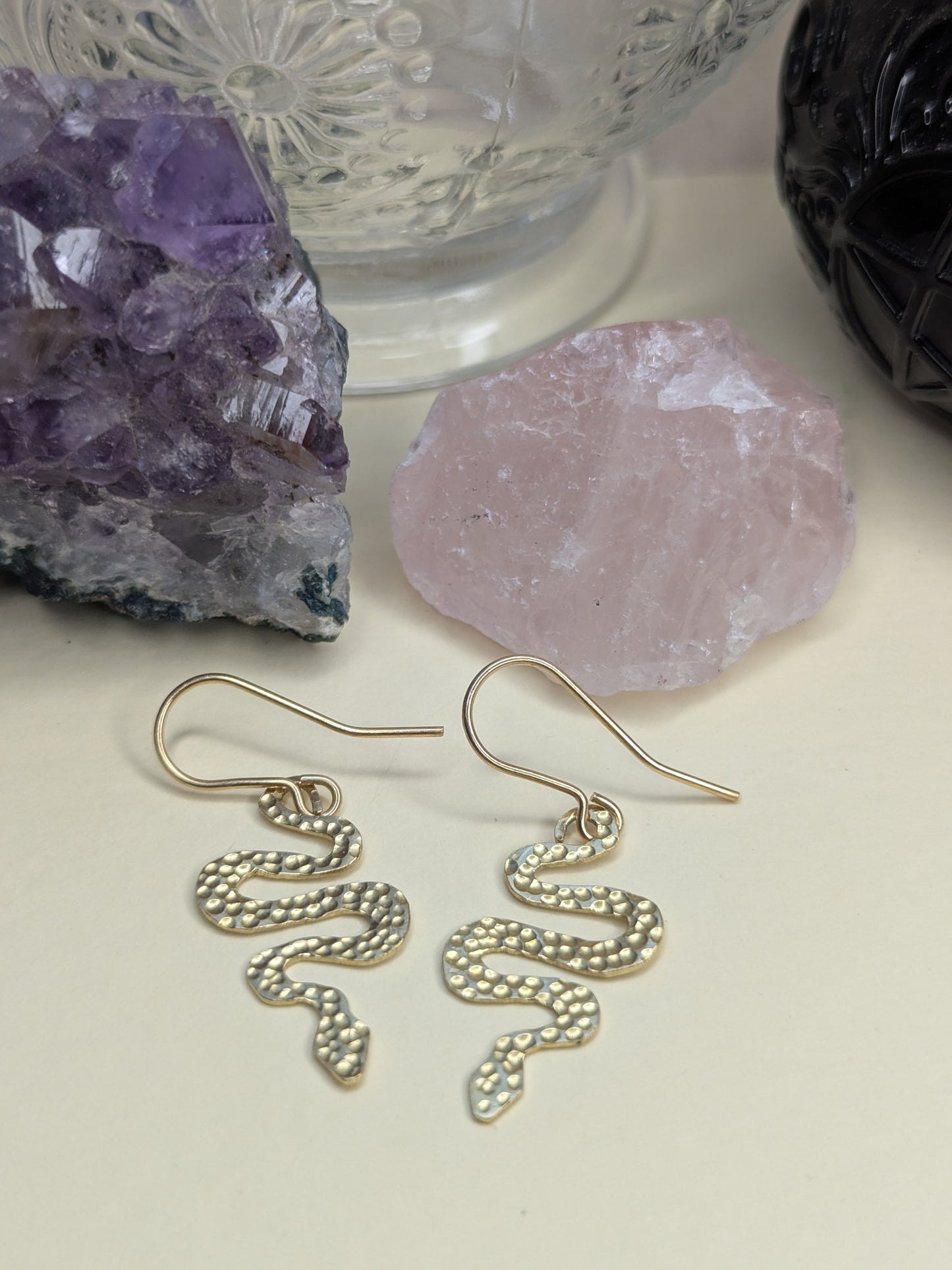 Hammered Brass Snake Earrings: Gothic Boho Serpent Jewellery