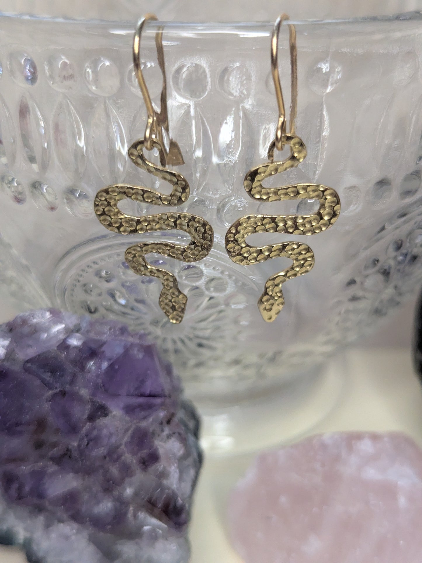 Hammered Brass Snake Earrings: Gothic Boho Serpent Jewellery