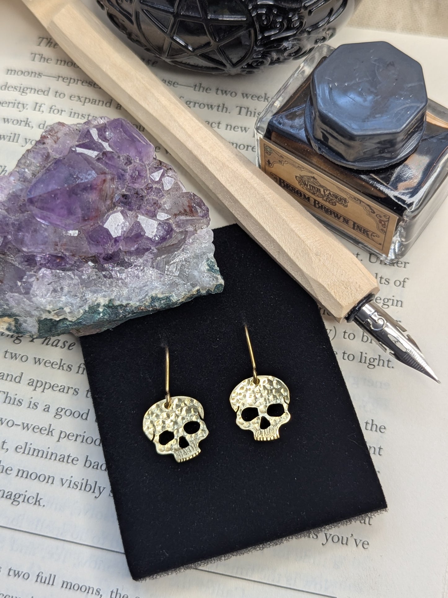 Hammered Brass Skull Earrings: with Gold Plated Hooks