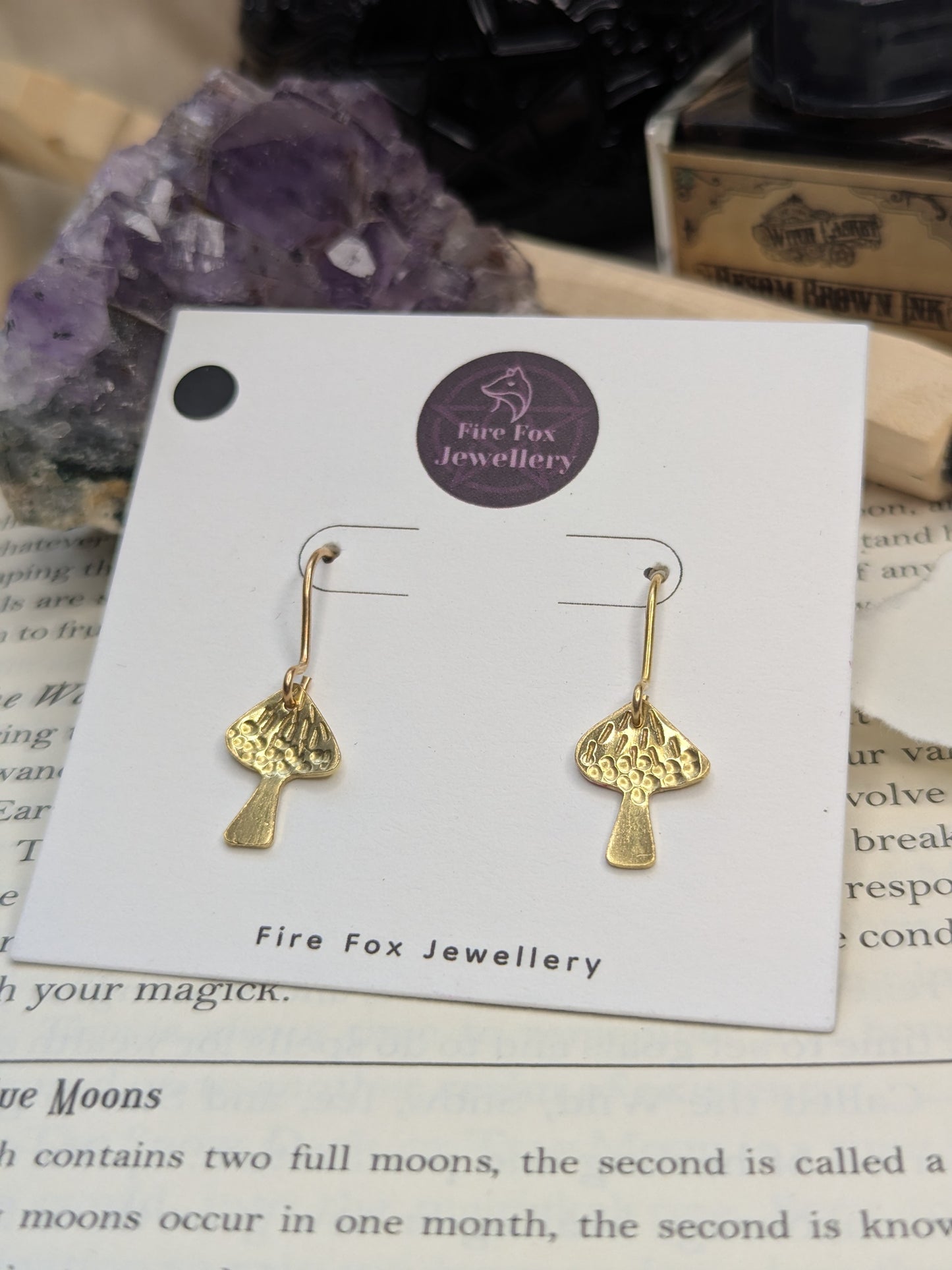 Gold Brass Mushroom Earrings: Hammered Parasol & Toadstool Design