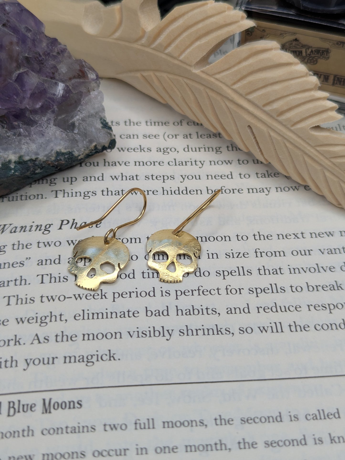 Hammered Brass Skull Earrings: with Gold Plated Hooks