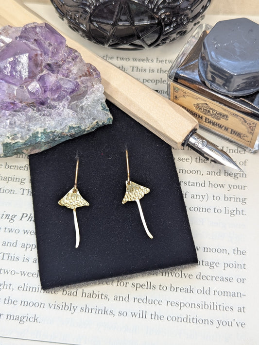 Gold Brass Mushroom Earrings: Hammered Parasol & Toadstool Design
