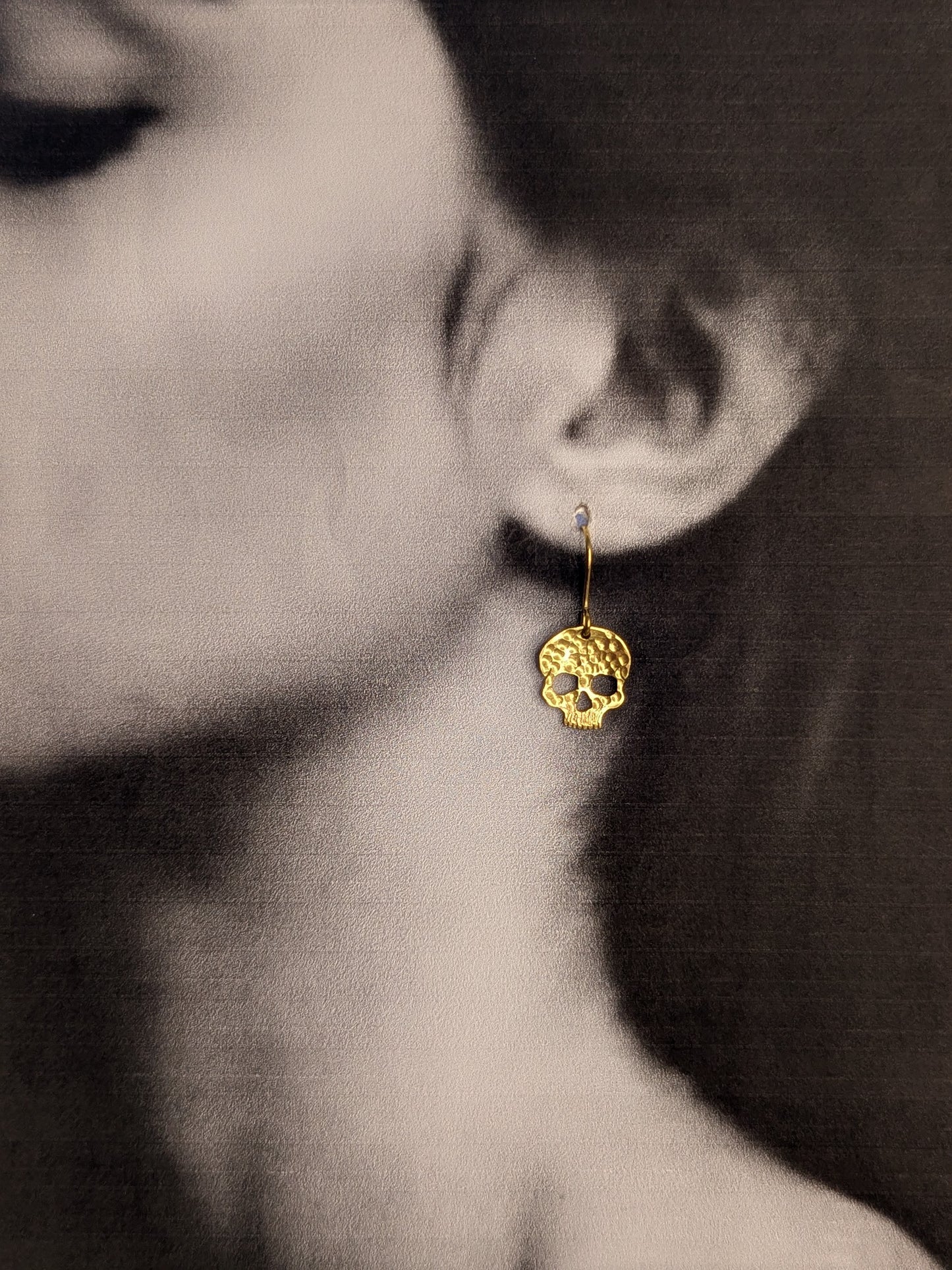 Hammered Brass Skull Earrings: with Gold Plated Hooks