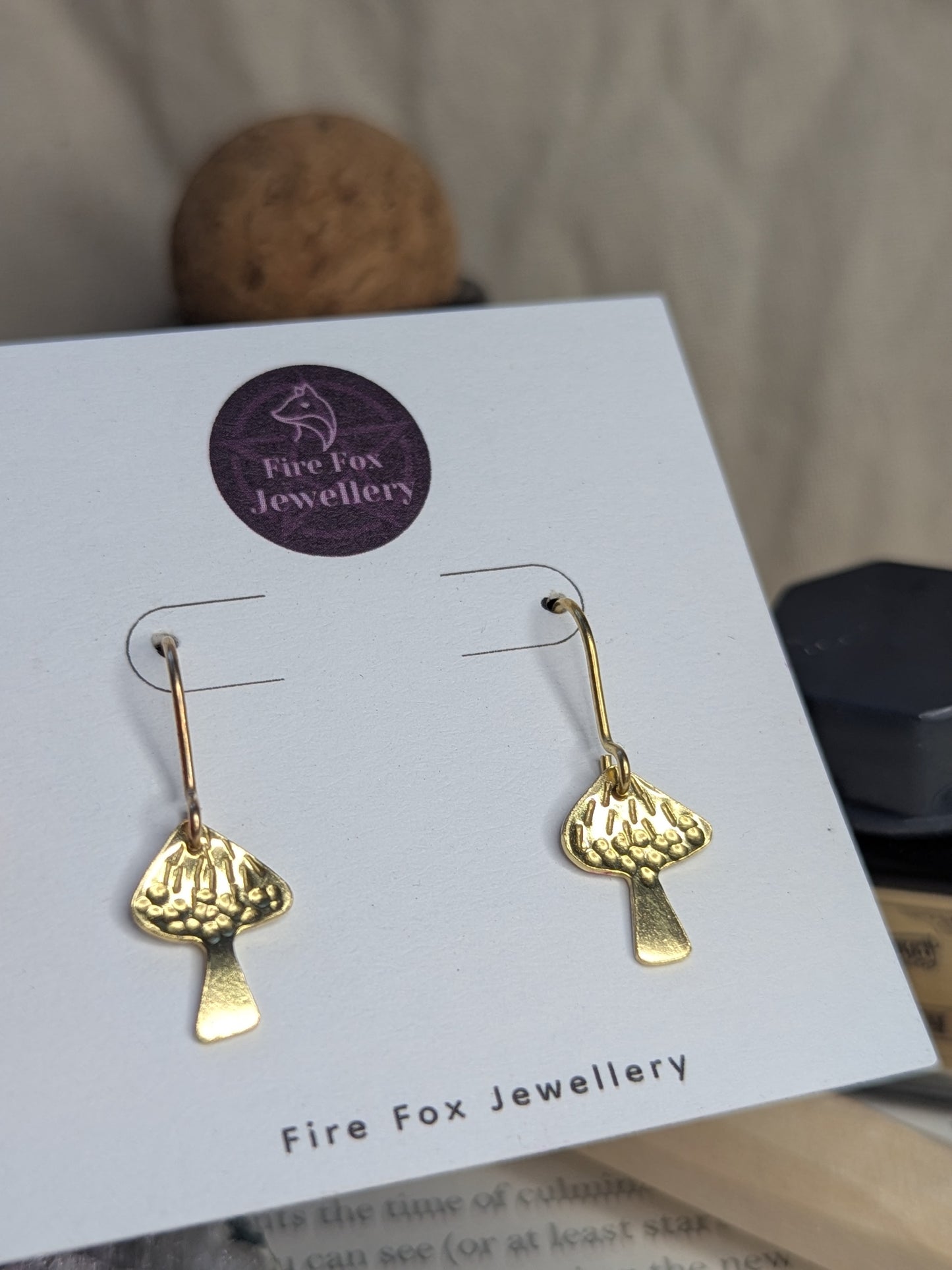 Gold Brass Mushroom Earrings: Hammered Parasol & Toadstool Design