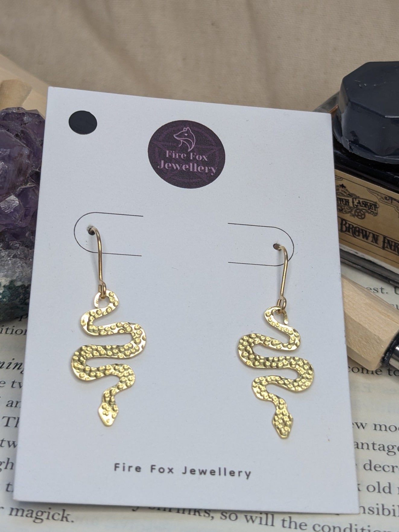 Hammered Brass Snake Earrings: Gothic Boho Serpent Jewellery