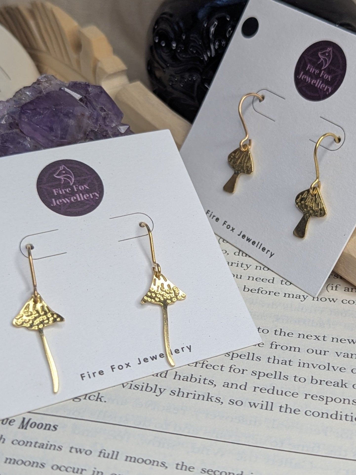 Gold Brass Mushroom Earrings: Hammered Parasol & Toadstool Design