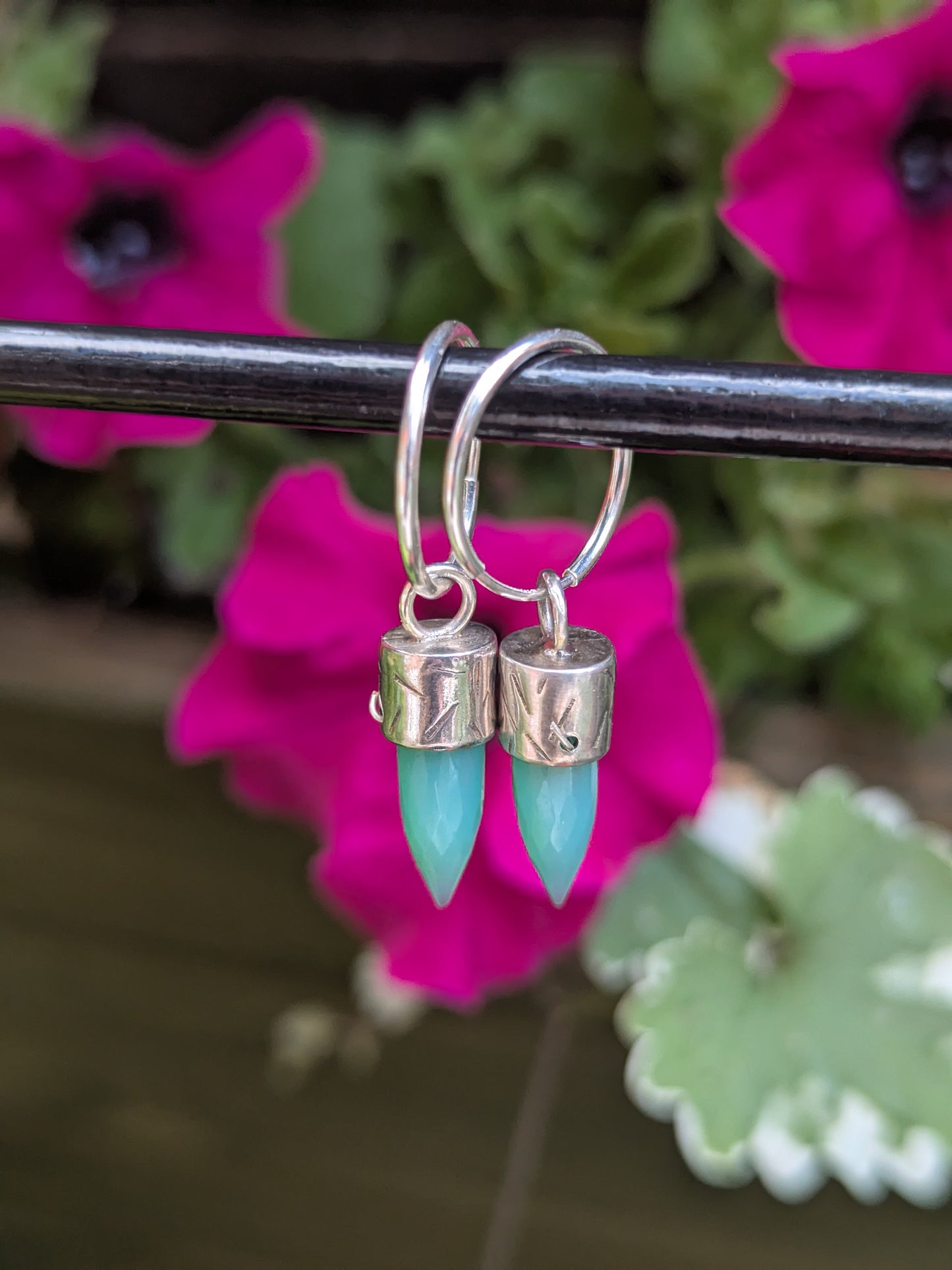 Chrysoprase Bullet Crystal Earrings — Sterling Silver Hoops for Heart-Centered Strength