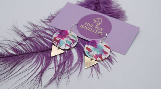 Sweet Plum, Hot Pink and Forget-Me-Not Blue Earings with gold plated triangle charms. spring and summer jewellery trends