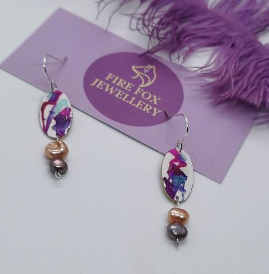 Plum, Pink and Patina Drop Earrings with Keshi Freshwater Pearls
