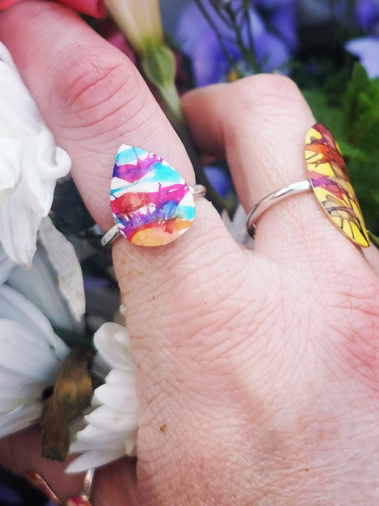 Hot Pink, Forget-Me-Not Blue and Sweet Plum Tear Drop Silver Ring